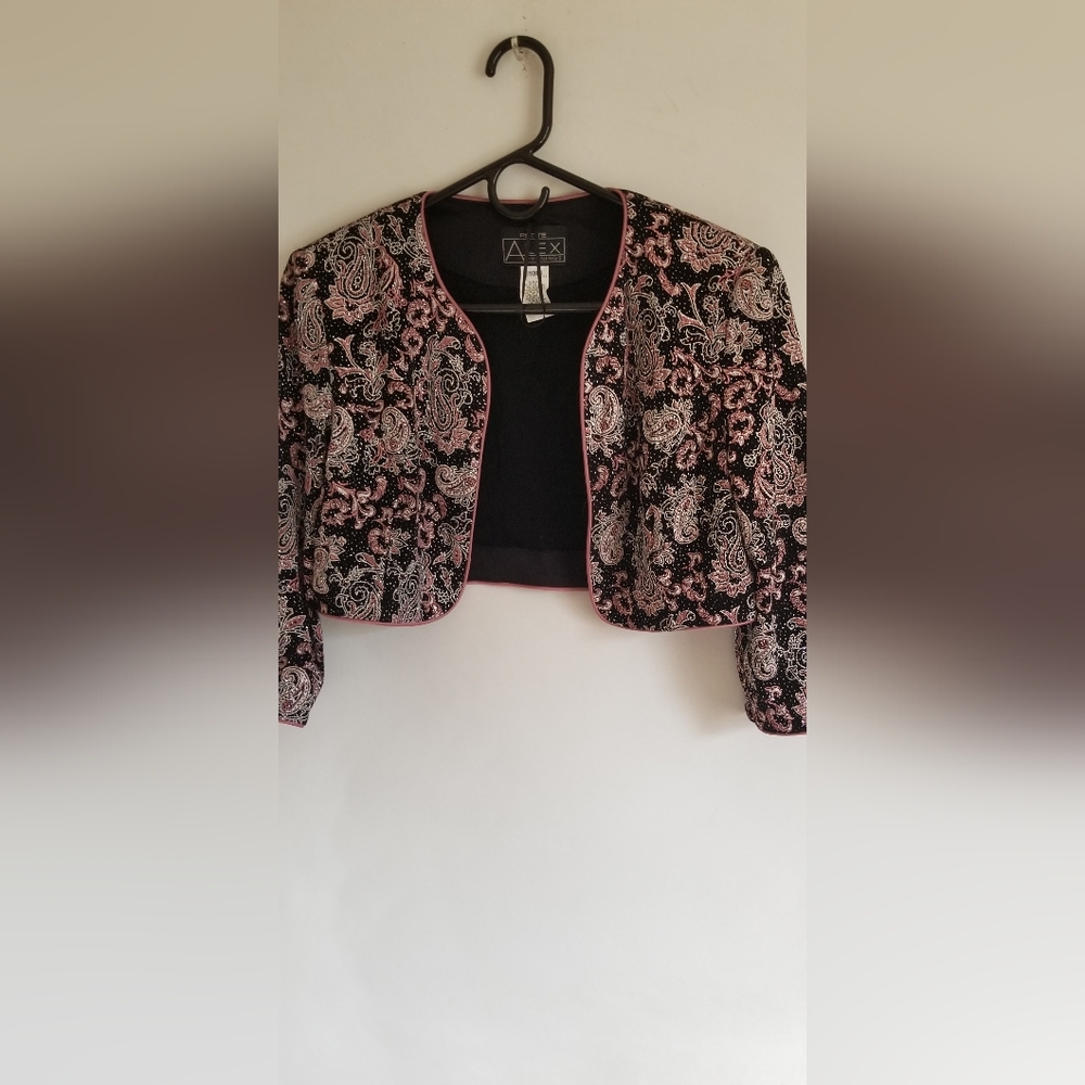 Women's Alex Evenings cropped bolero jacket Sz10P black mauve and sparkles - Picture 2 of 11